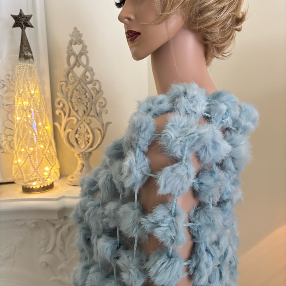 Light Blue Fluffy Rabbit Fur Shawl Wrap - Picture 8 of 11